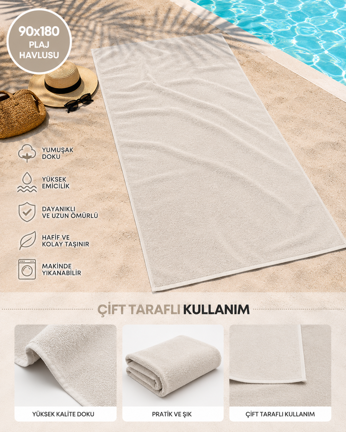 Bohem Stil Çift Taraflı Plaj Havlusu – 90x180 Lüks Pamuklu Havuz Havlusu