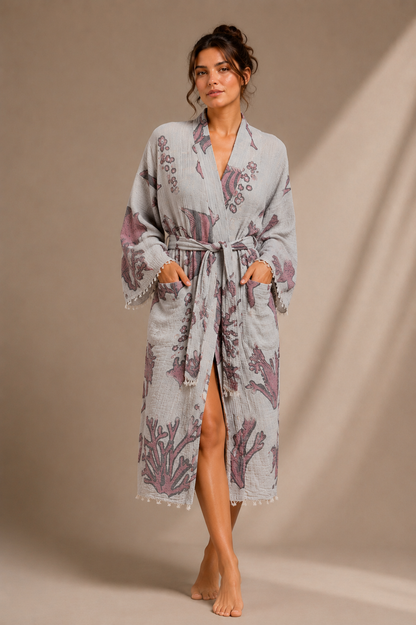 Deniz Desenli Kimono Yaka Müslin Bornoz &amp; Sabahlık | Ev &amp; Plaj