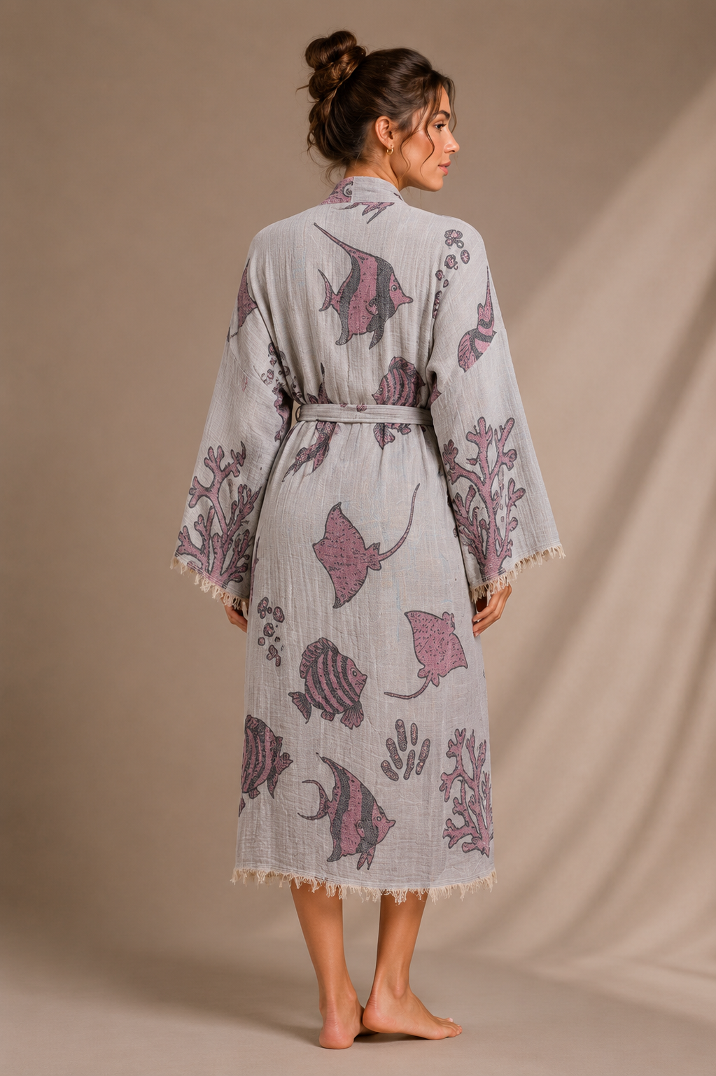 Deniz Desenli Kimono Yaka Müslin Bornoz &amp; Sabahlık | Ev &amp; Plaj