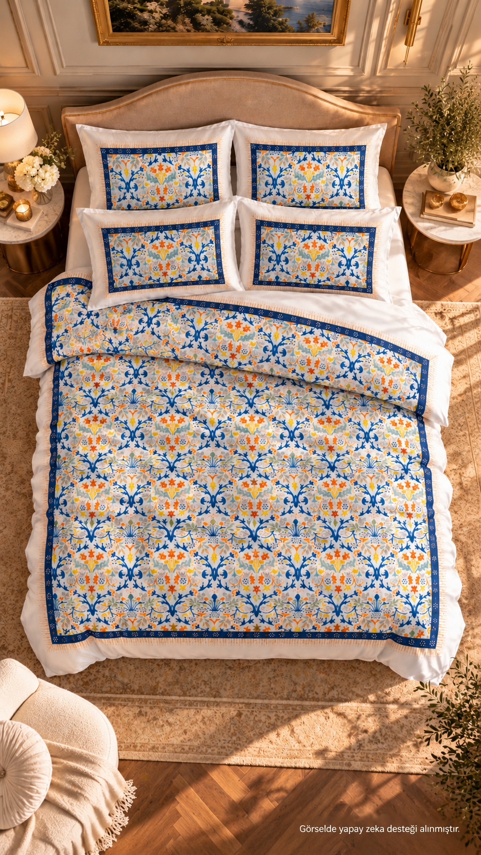 %100 Pamuk Saten Çift Kişilik Nevresim Takımı | Akdeniz Çini Desenli