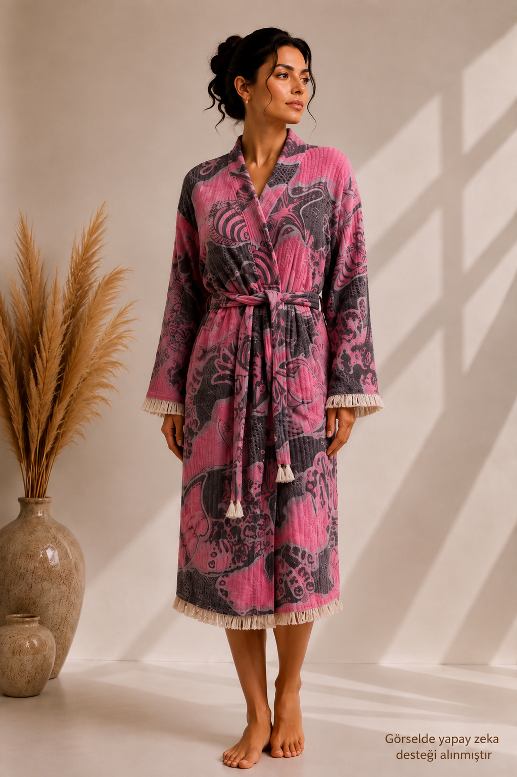 Fuşya &amp; Antrasit Deniz Temalı Kimono Yaka Müslin Bornoz &amp; Sabahlık | Ev &amp; Plaj