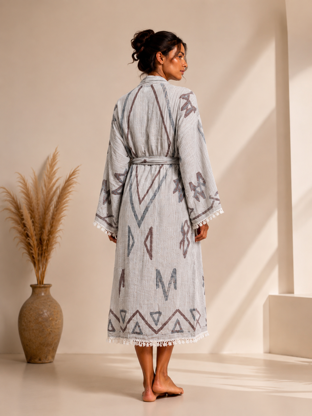Geometrik Etnik Desenli Kimono Yaka Müslin Bornoz &amp; Sabahlık | Ev &amp; Plaj - Gri / Antrasit