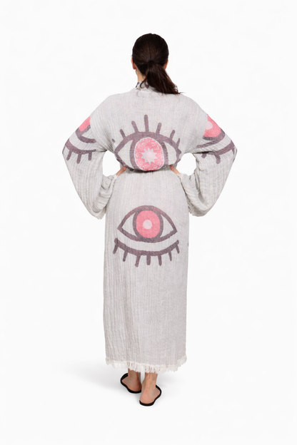 Nar Çiçeği Göz Desenli Kimono Yaka Müslin Bornoz &amp; Sabahlık | Ev &amp; Plaj