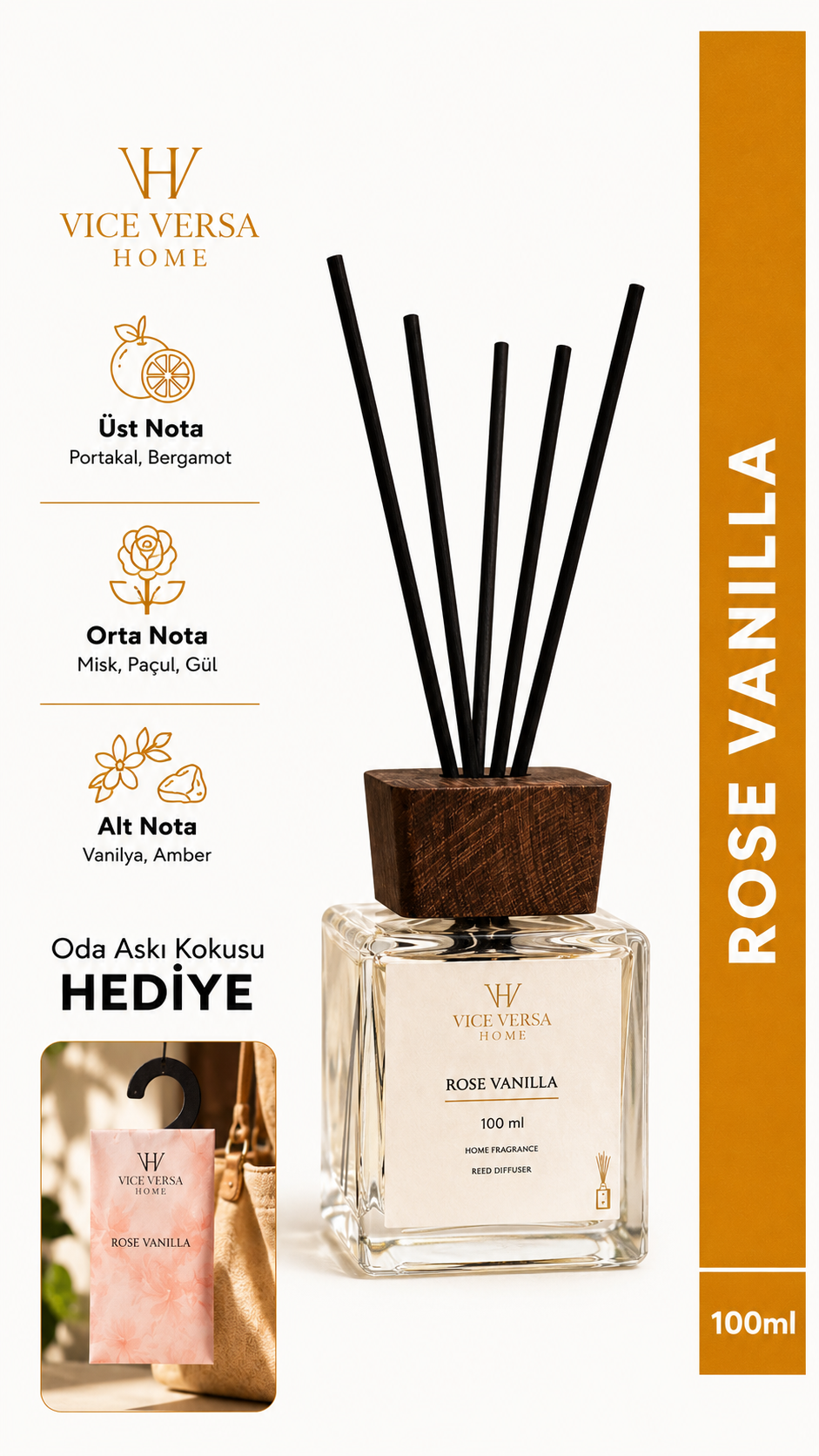 Dekoratif Ahşap Kapaklı Çubuklu Oda Kokusu - ROSE VANILLA  (100 ml)