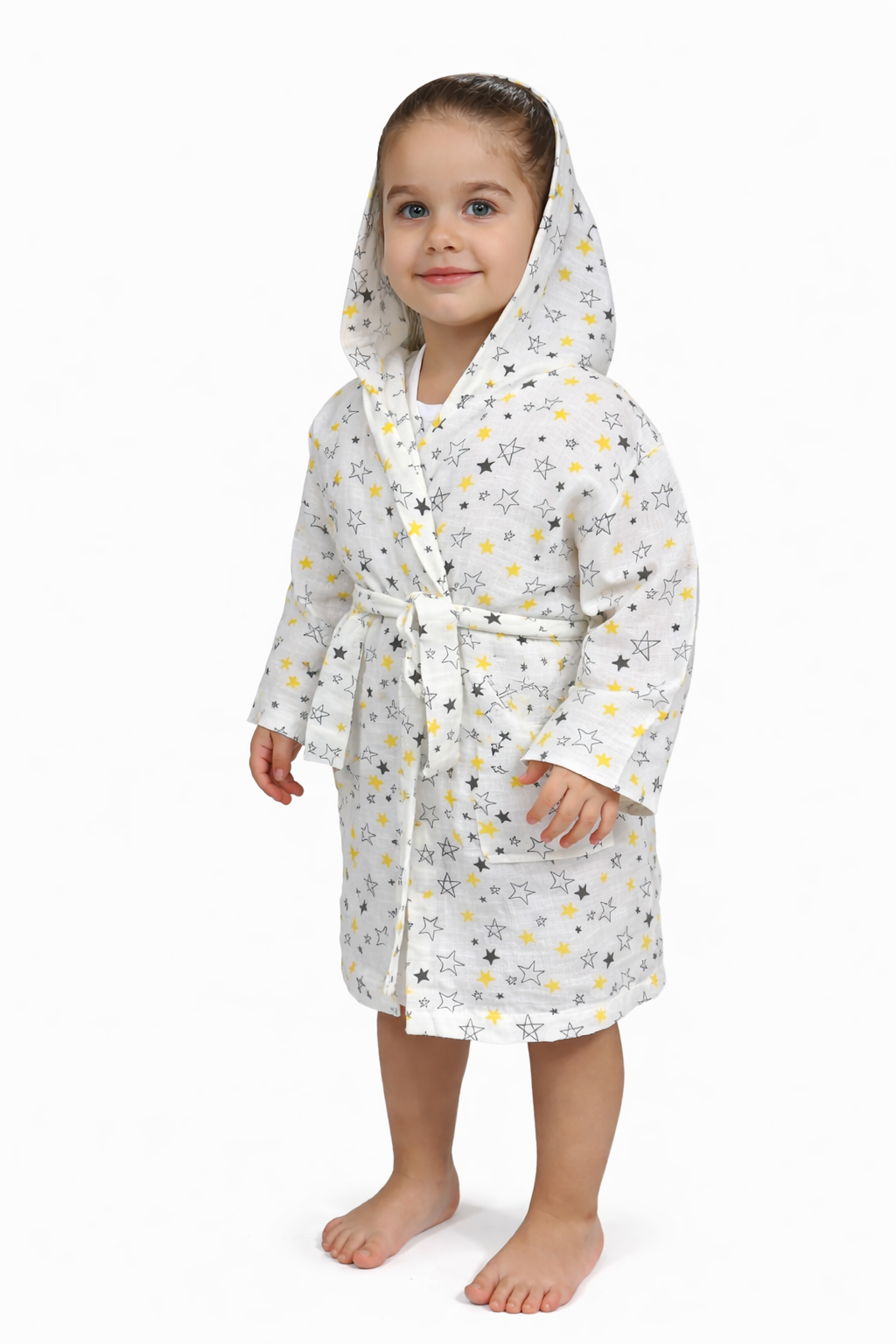 Minik Yıldız Desenli Müslin Kapüşonlu Çocuk Bornoz