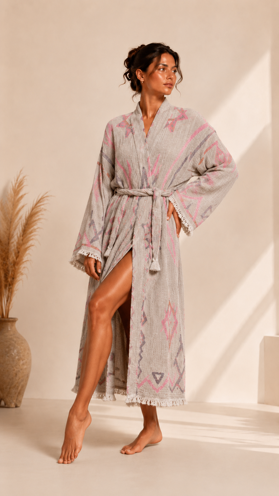 Etnik Desenli Kimono Yaka Müslin Bornoz &amp; Sabahlık | Ev &amp; Plaj