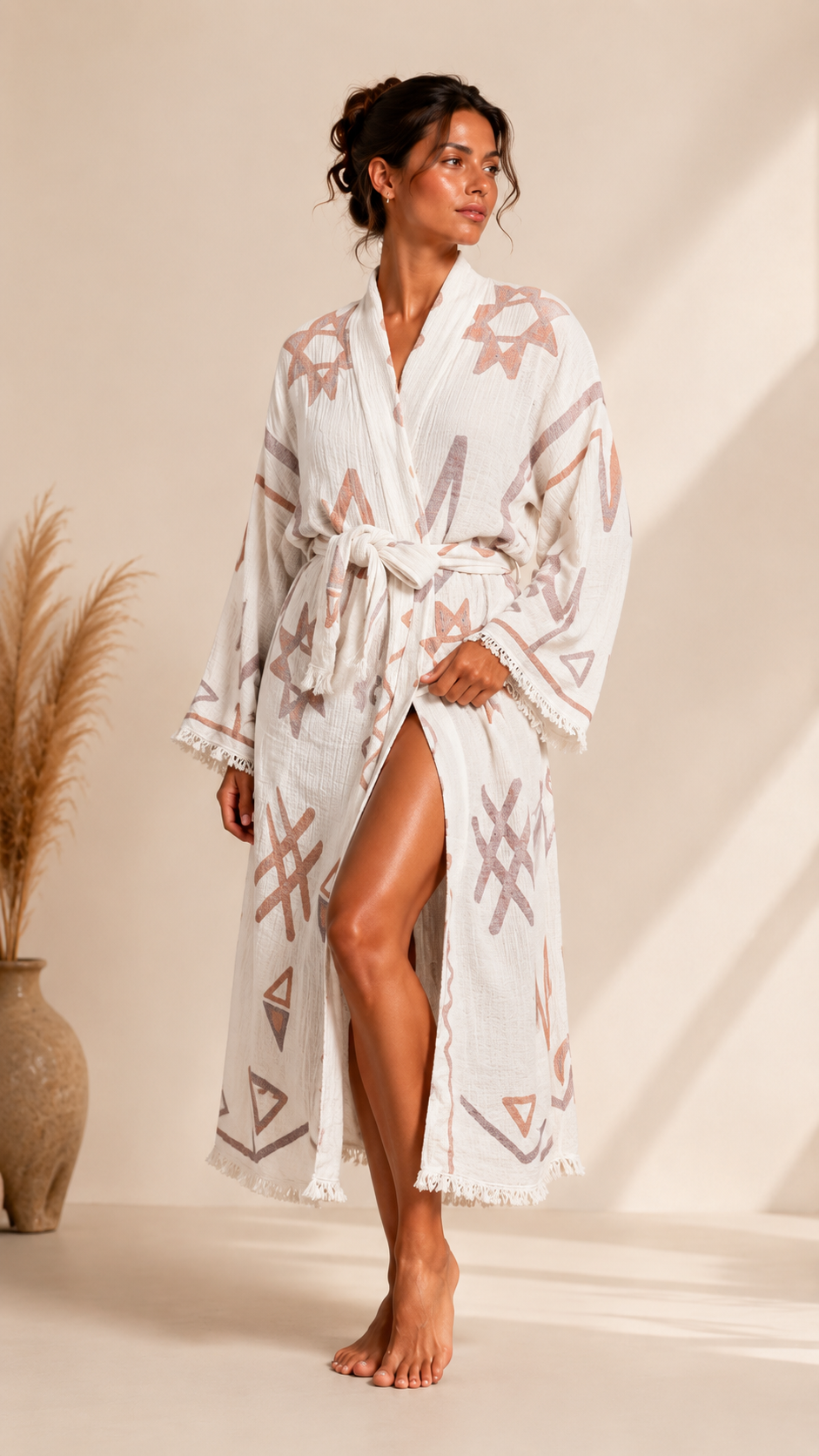 Geometrik Etnik Desenli Kimono Yaka Müslin Bornoz &amp; Sabahlık | Ev &amp; Plaj - Ekru