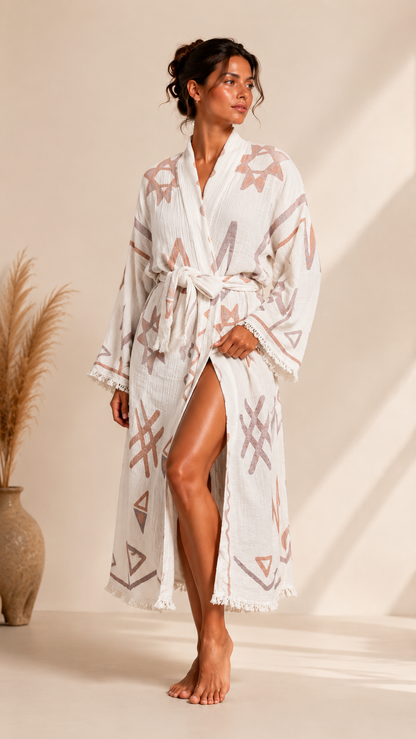 Geometrik Etnik Desenli Kimono Yaka Müslin Bornoz &amp; Sabahlık | Ev &amp; Plaj - Ekru