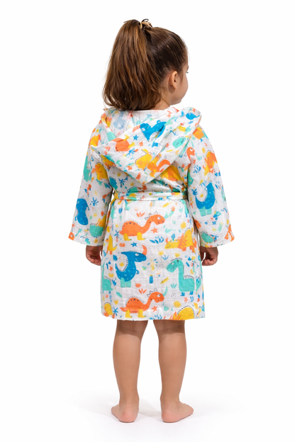 Dinozor Desenli Müslin Kapüşonlu Çocuk Bornoz