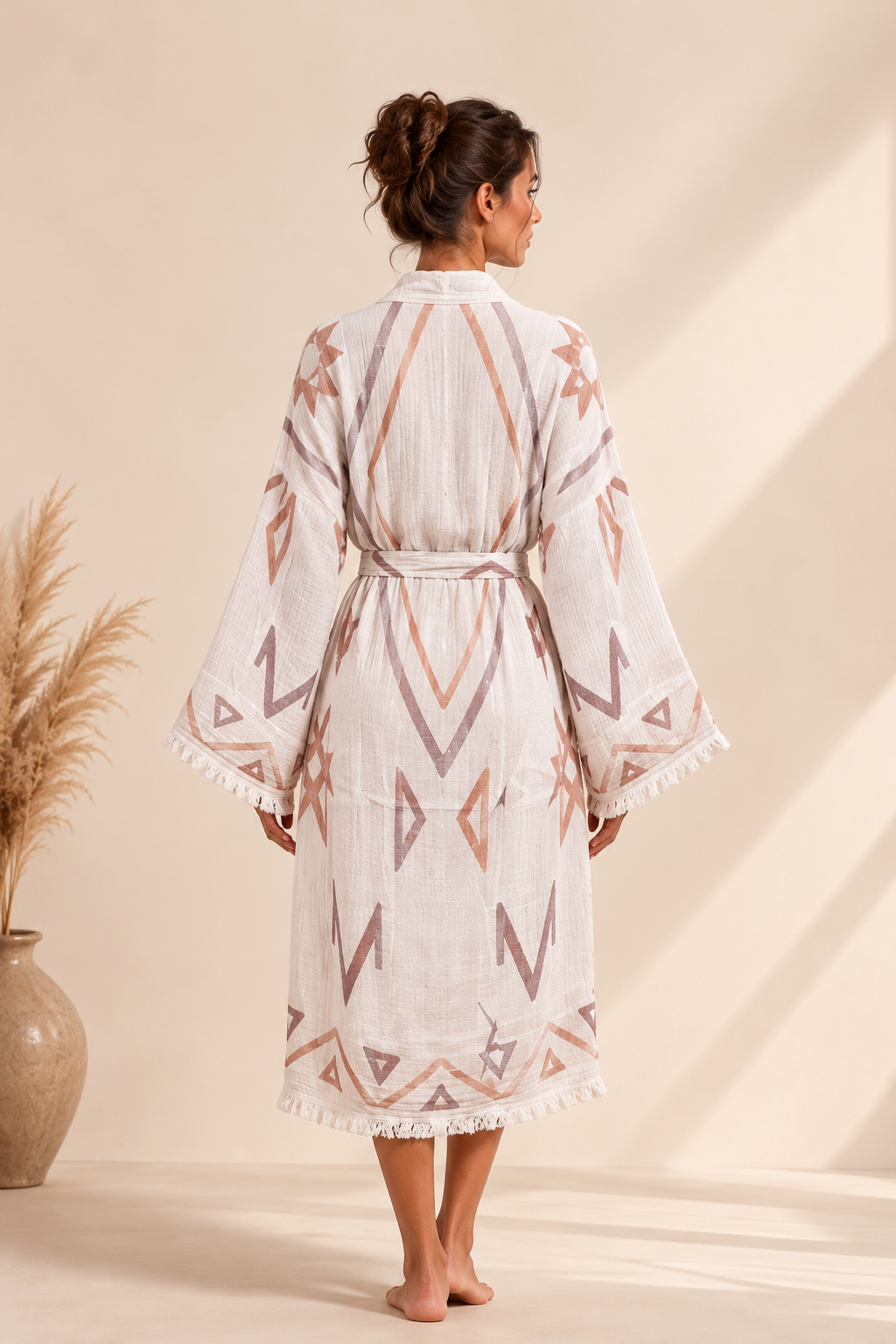 Geometrik Etnik Desenli Kimono Yaka Müslin Bornoz &amp; Sabahlık | Ev &amp; Plaj - Ekru