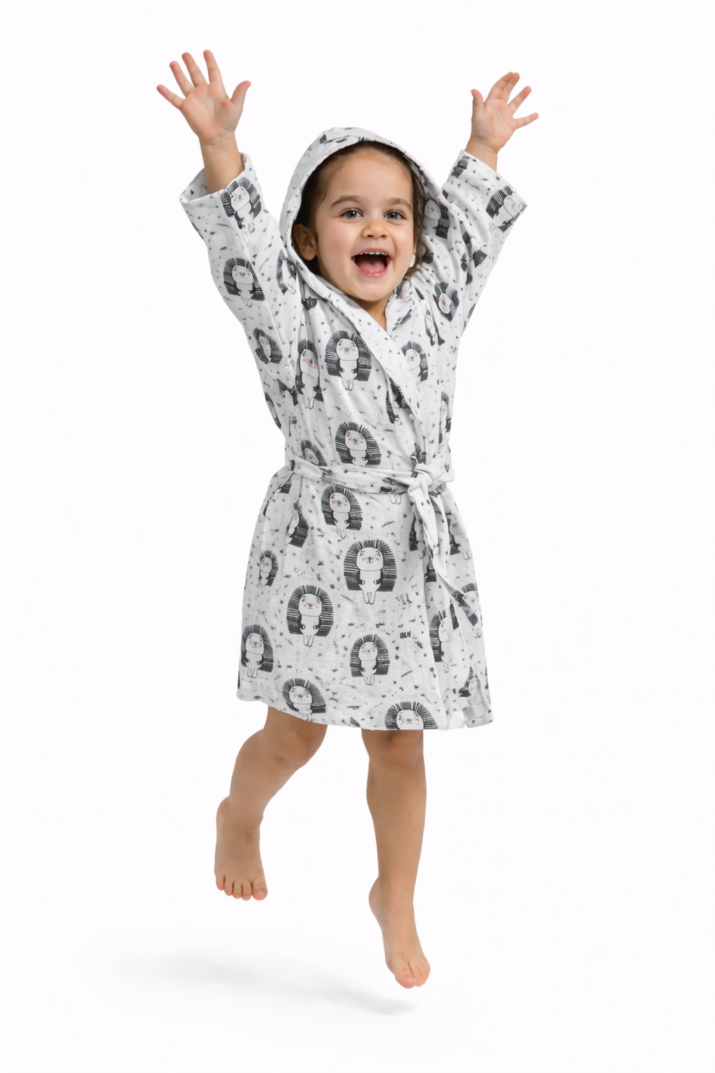 Minik Kirpi Desenli Müslin Kapüşonlu Çocuk Bornoz