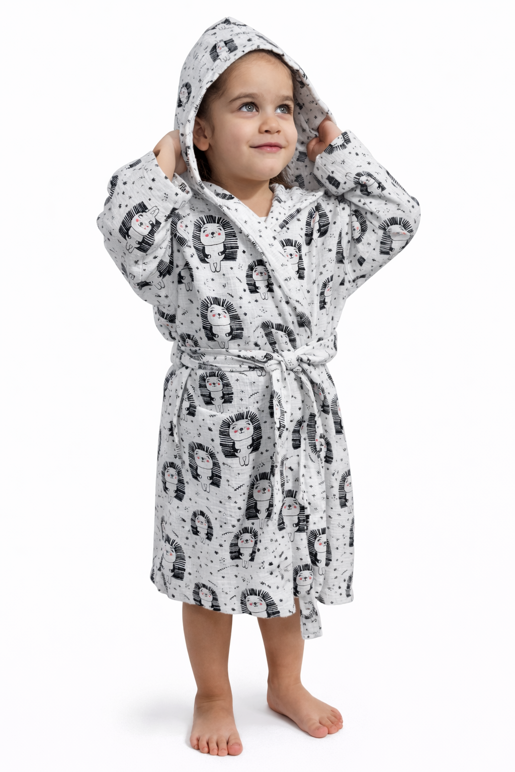 Minik Kirpi Desenli Müslin Kapüşonlu Çocuk Bornoz