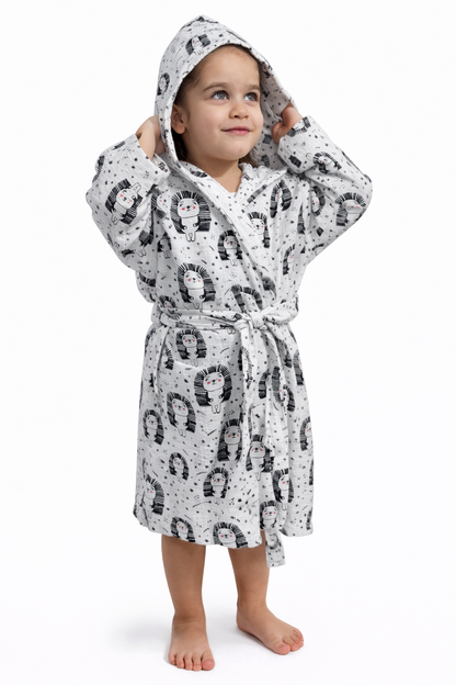 Minik Kirpi Desenli Müslin Kapüşonlu Çocuk Bornoz