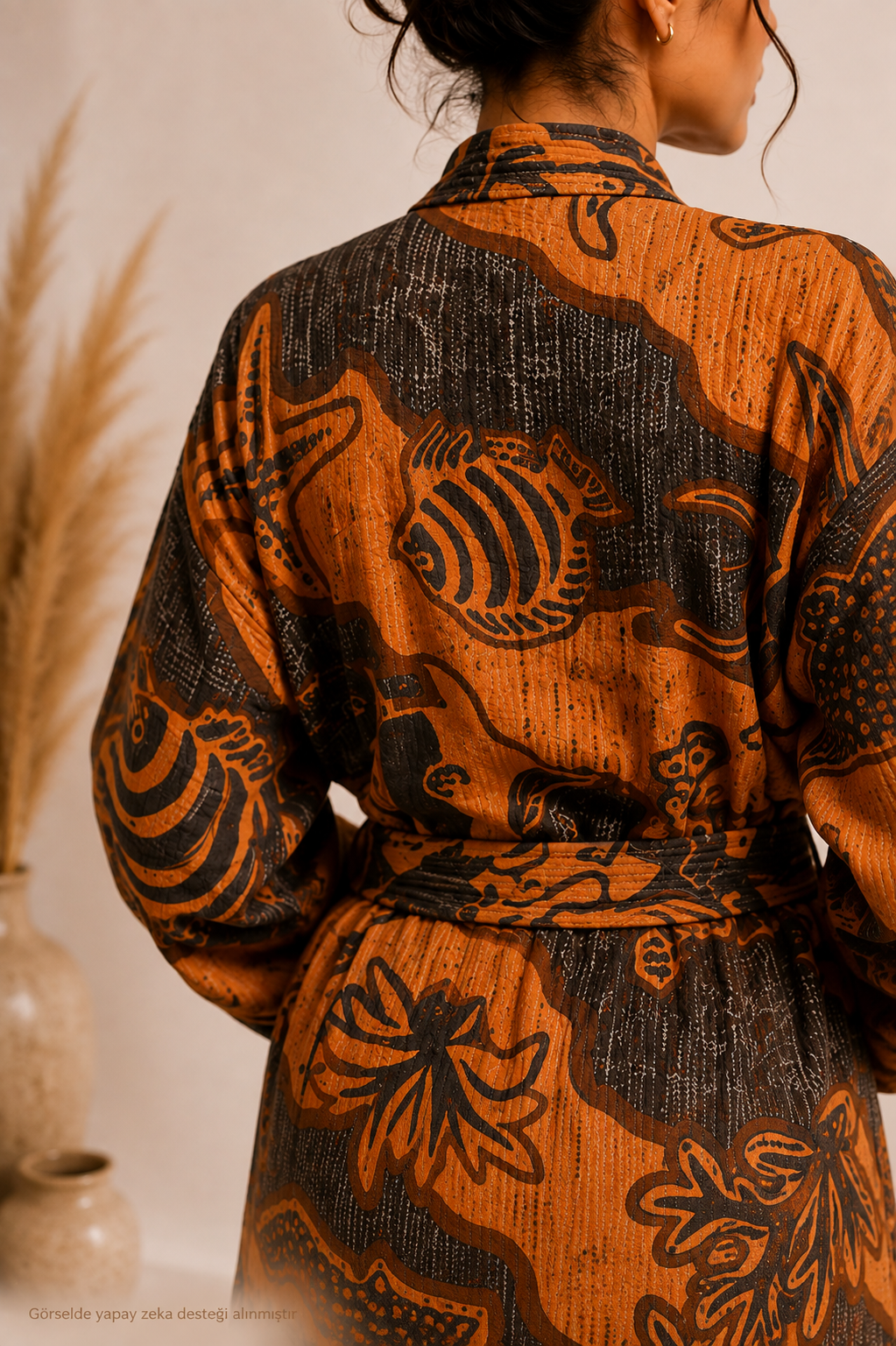 Taba &amp; Antrasit Deniz Temalı Kimono Yaka Müslin Bornoz &amp; Sabahlık | Ev &amp; Plaj