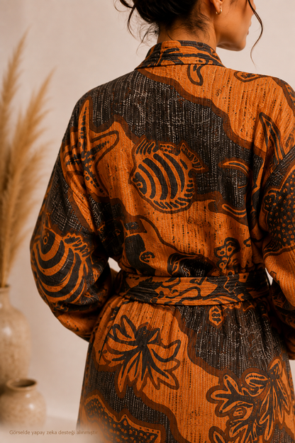 Taba &amp; Antrasit Deniz Temalı Kimono Yaka Müslin Bornoz &amp; Sabahlık | Ev &amp; Plaj