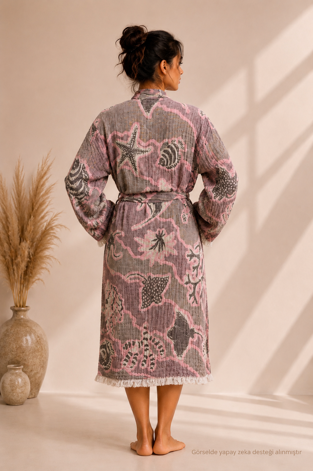 Gül Kurusu &amp; Vizon Deniz Temalı Kimono Yaka Müslin Bornoz &amp; Sabahlık | Ev &amp; Plaj