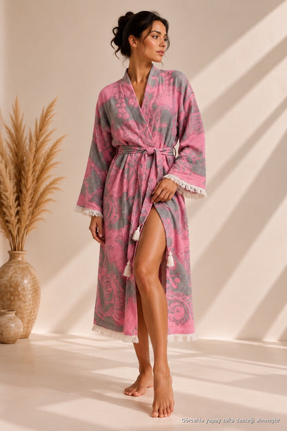 Pembe &amp; Gri Deniz Temalı Kimono Yaka Müslin Bornoz &amp; Sabahlık | Ev &amp; Plaj