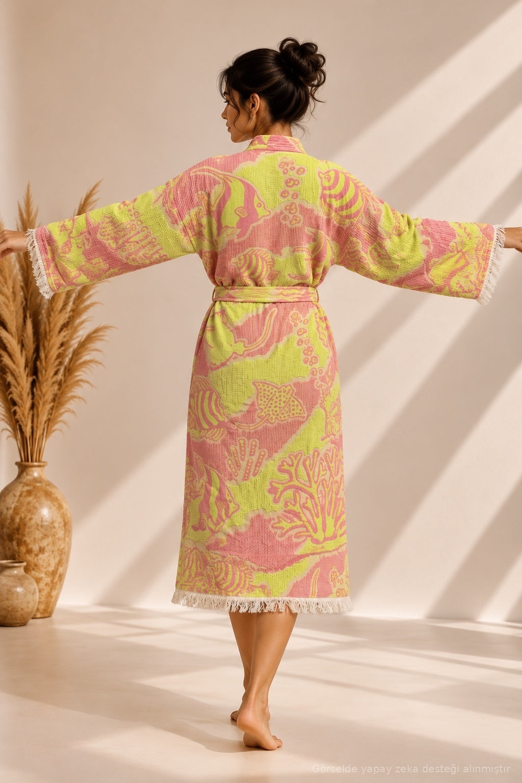 Sarı &amp; Toz Pembe Etnik Marin Desenli Kimono Yaka Müslin Bornoz &amp; Sabahlık | Ev &amp; Plaj