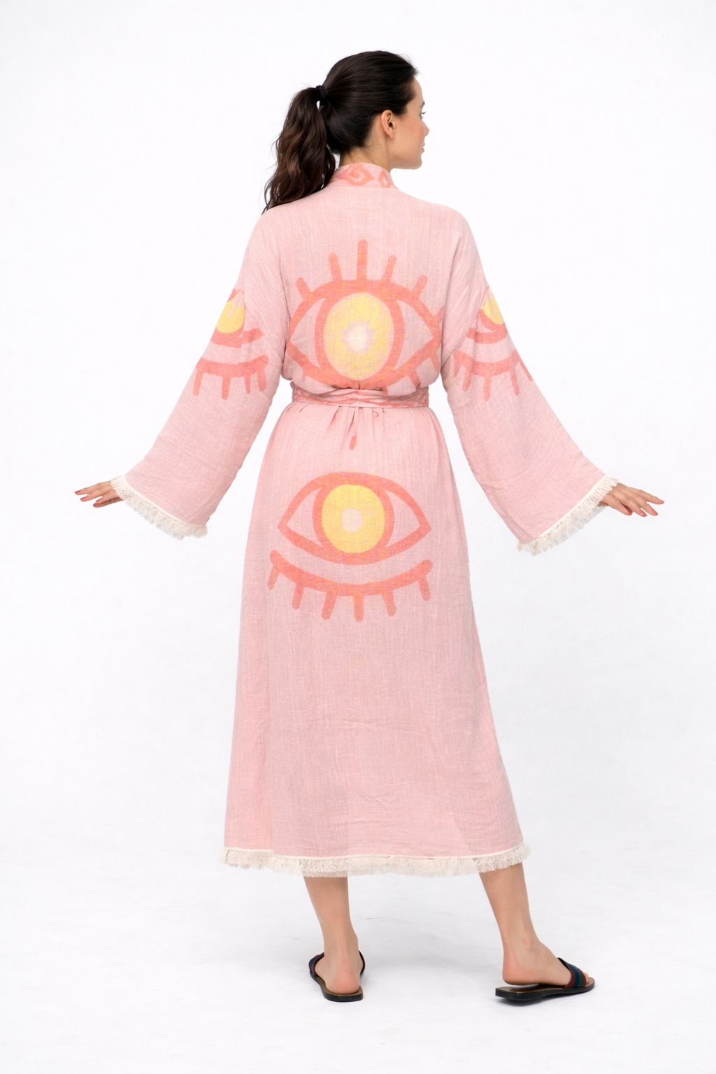 Turuncu - Sarı Göz Desenli Kimono Yaka Müslin Bornoz &amp; Sabahlık | Ev &amp; Plaj