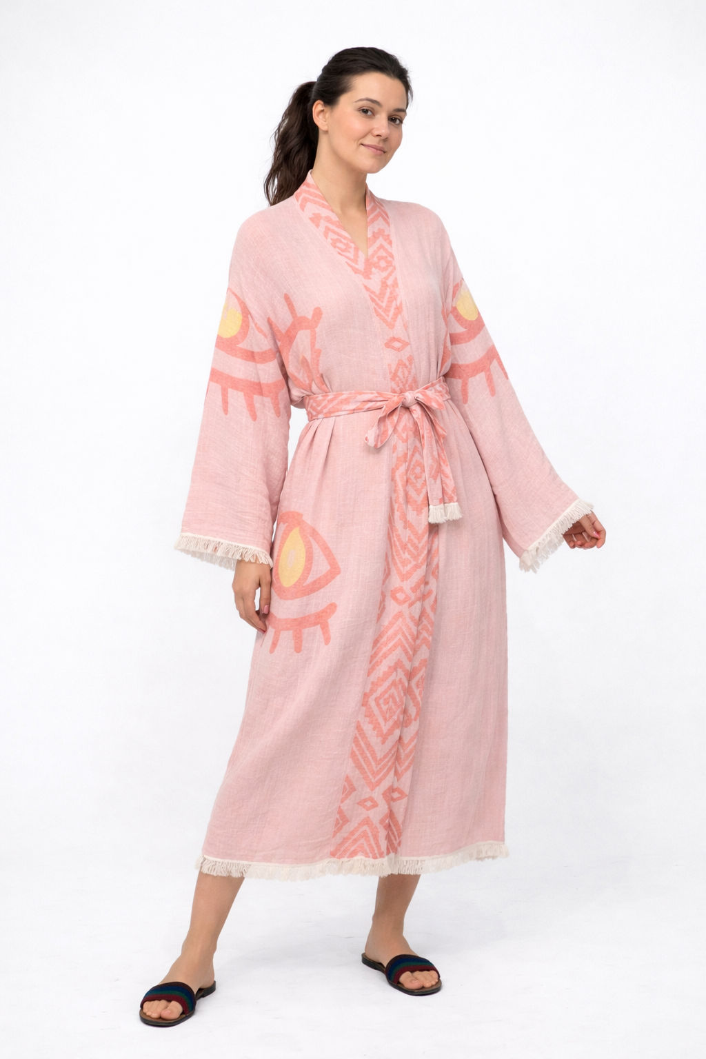 Turuncu - Sarı Göz Desenli Kimono Yaka Müslin Bornoz &amp; Sabahlık | Ev &amp; Plaj